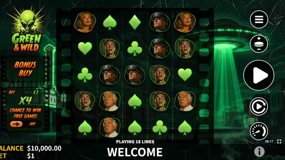 Tangkapan layar permainan slot Green & Wild menampilkan gulungan di tengah hutan lebat dengan simbol wild yang bersinar.
